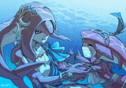 Rule 34 | 1boy, 1girl, aged down, artist name, breasts, brother and sister, child, choker, closed eyes, colored skin, fins, fish boy, fish girl, gills, grin, head fins, highres, jewelry, looking at another, mipha, monster boy, monster girl, multicolored skin, nanpou (nanpou0021), nintendo, outstretched arms, red skin, sharp teeth, siblings, sidon, small breasts, smile, teeth, the legend of zelda, the legend of zelda: breath of the wild, two-tone skin, underwater, upper body, white skin, yellow eyes, zora
