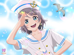 Rule 34 | 1girl, absurdres, anchor earrings, artist logo, bird, birthday, blue background, blue eyes, blush, collarbone, commentary, earrings, grey hair, hand on own hip, hat, highres, jewelry, looking at viewer, love live!, love live! sunshine!!, sailor collar, sailor hat, sailor shirt, saitou shuka, salute, shirt, short hair, sidelocks, smile, solo, upper body, user sjah7745, voice actor connection, watanabe you