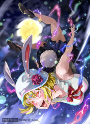 Rule 34 | 1girl, animal ears, artist name, blonde hair, carrot (one piece), commentary request, ears through headwear, flower, full body, full moon, hat, hat flower, moon, moroi, neck ribbon, one piece, open mouth, pink flower, pink ribbon, rabbit ears, rabbit girl, rabbit tail, ribbon, short hair, smile, solo, tail, teeth, twitter username, white hat