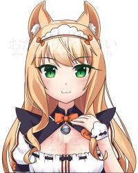 Rule 34 | 10s, 1girl, :3, animal ears, bell, blonde hair, bow, bowtie, breasts, cat ears, character name, cleavage, cleavage cutout, clothing cutout, commentary, cowfee, curly hair, green eyes, jingle bell, long hair, looking at viewer, maid, maid headdress, maple (nekopara), medium breasts, name tag, nekopara, orange bow, orange bowtie, puffy short sleeves, puffy sleeves, ribbon-trimmed clothes, ribbon trim, short sleeves, simple background, smile, solo, watermark, white background, wrist cuffs