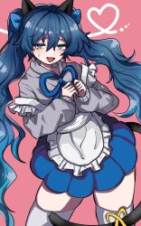 Rule 34 | 1girl, :d, adapted costume, animal ears, apron, blue eyes, blue hair, blue skirt, cat ears, cat tail, fang, grey hoodie, heart, highres, hood, hoodie, long hair, long sleeves, open mouth, oyatu yatu, pink background, simple background, skin fang, skirt, smile, solo, tail, thighhighs, touhou, twintails, white apron, white thighhighs, yorigami shion