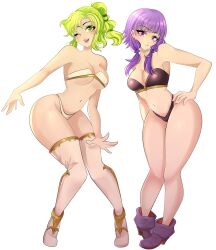 Rule 34 | 2girls, absurdres, armpit crease, ass, blush, boots, breasts, commentary, dot nose, fire emblem, fire emblem: the sacred stones, green eyes, green hair, hair ribbon, highres, kyhsoren, l&#039;arachel (fire emblem), large breasts, long hair, looking at viewer, low-tied long hair, lute (fire emblem), multiple girls, navel, nintendo, one eye closed, open mouth, paid reward available, purple eyes, purple footwear, purple hair, ribbon, simple background, smile, thigh boots, white background