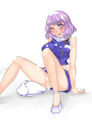 Rule 34 | 1girl, aoshima, arm support, blush, breasts, brooch, crop top, female focus, full-face blush, groin, hat, unworn hat, unworn headwear, highres, jewelry, large breasts, legs, letty whiterock, light purple hair, midriff, no panties, one eye closed, open mouth, polearm, purple eyes, shirt, shoes, short hair, sitting, skirt, snow, solo, sweat, taut clothes, taut shirt, touhou, trident, weapon, wink