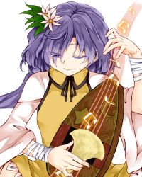 Rule 34 | 1girl, ;), bandages, beamed eighth notes, biwa lute, closed mouth, collared dress, crescent print, dress, eighth note, flower, hair flower, hair ornament, holding, holding instrument, instrument, leaf, long hair, long sleeves, looking to the side, lute (instrument), music, musical note, one eye closed, playing instrument, purple eyes, purple hair, quarter note, simple background, smile, solo, star (symbol), star print, touhou, tsukumo benben, upper body, white background, white flower, yellow dress, zetsumame