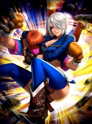 Rule 34 | angel (kof), blue eyes, boots, boxing gloves, bra, breasts, chaps, cowboy boots, cropped jacket, fingerless gloves, gloves, hair over one eye, jacket, large breasts, leather, leather jacket, official art, slam, snk, strapless, strapless bra, the king of fighters, the king of fighters all-stars, the king of fighters xiv, the king of fighters xv, toned, underwear, white hair, wrestling