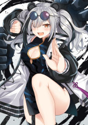 Rule 34 | 1girl, :d, animal ears, arknights, black dress, breasts, china dress, chinese clothes, cleavage, cleavage cutout, clothing cutout, cowboy shot, dress, eyewear on head, fang, feater (arknights), gold trim, grey hair, highres, jacket, knee up, komori kuzuyu, long hair, long sleeves, looking at viewer, mechanical arms, medium breasts, multicolored hair, multicolored jacket, open clothes, open jacket, open mouth, orange eyes, panda ears, pelvic curtain, puffy sleeves, round eyewear, single mechanical arm, sleeveless, sleeveless dress, smile, solo, streaked hair, sunglasses, thick eyebrows, thighs, twintails, two-tone hair, two-tone jacket