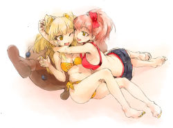 10s 2girls ;d ass bad_id bad_pixiv_id barefoot bikini blonde_hair hug idolmaster idolmaster_cinderella_girls ikuhana_niiro jougasaki_mika jougasaki_rika multiple_girls nail_polish navel one_eye_closed open_mouth ponytail red_hair short_shorts shorts siblings sisters smile swimsuit twintails two_side_up wink yellow_eyes