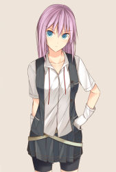 Rule 34 | 10s, 1girl, arm behind back, blouse, blue eyes, blush, breast pocket, collarbone, cowboy shot, gloves, hair down, hand on own hip, kanpyo (hghgkenfany), kantai collection, long hair, looking at viewer, pink hair, pleated skirt, pocket, school uniform, shiranui (kancolle), shirt, shorts, shorts under skirt, simple background, skirt, solo, tsurime, untied, white gloves, white shirt