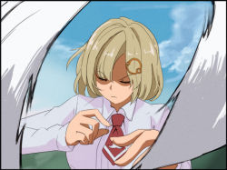 Rule 34 | 1girl, blonde hair, closed eyes, closed mouth, collared shirt, commentary, day, frown, gundam, gundam wing, hair ornament, hands up, hiwonoafu, hololive, hololive english, long sleeves, outdoors, red neckwear, shirt, short hair, solo, upper body, virtual youtuber, watson amelia, white shirt