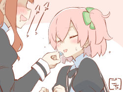 Rule 34 | 2girls, artist name, assault lily, black jacket, black ribbon, blush, brown background, brown hair, closed eyes, clover hair ornament, commentary, drooling, facing another, four-leaf clover hair ornament, gochisousama (tanin050), hair between eyes, hair ornament, hand up, hands up, hitotsuyanagi riri, holding, jacket, juliet sleeves, kaede johan nouvel, long sleeves, mouth drool, multiple girls, neck ribbon, no eyes, one side up, open mouth, pink hair, postage stamp, puffy sleeves, ribbon, saliva, school uniform, sidelocks, smile, sweat, tongue, tongue out, translated, two-tone background, upper body, white background, yuri, yurigaoka girls academy school uniform