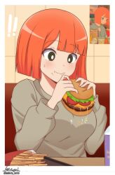 Rule 34 | 1girl, absurdres, alternate breast size, black eyes, blunt bangs, blush, bob cut, breasts, bright pupils, burger, commentary, dripping, eating, english commentary, food, french fries, grey sweater, highres, holding, holding food, ken-pai (kenpai arts), large breasts, long sleeves, mcdonald&#039;s, mother (yoru mac), orange hair, reference inset, short hair, solo, stain, sweatdrop, sweater, upper body, wavy mouth, white pupils, yoru mac