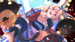 Rule 34 | 1girl, absurdres, ahoge, animal ear fluff, animal ears, armpits, black hair, blonde hair, blue bow, blue skirt, blue thighhighs, blurry, blurry foreground, bow, bow skirt, bowtie, braid, breasts, buttons, clothing cutout, commentary, dutch angle, facial mark, fox ears, fox girl, fox tail, hair bow, hair ornament, hairclip, halter shirt, halterneck, hat, highres, holding, holding clothes, holding hat, hololive, indoors, jester cap, kurone isuka, layered skirt, looking at viewer, medium hair, miniskirt, multicolored hair, navel cutout, omaru polka, omaru polka (1st costume), open mouth, outstretched arm, pink hair, purple eyes, red bow, red bowtie, side braid, skirt, small breasts, smile, solo, stage, stage lights, star-shaped pupils, star (symbol), streaked hair, striped clothes, striped skirt, symbol-shaped pupils, tail, teeth, thighhighs, traditional bowtie, upper teeth only, vertical-striped clothes, vertical-striped skirt, virtual youtuber, x hair ornament, zain (omaru polka)