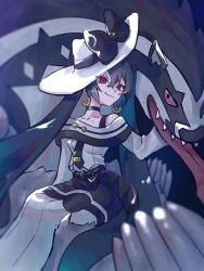 Rule 34 | 1girl, bare shoulders, black necktie, closed mouth, commentary, creatures (company), dark miku (project voltage), earrings, game freak, gen 8 pokemon, hair between eyes, hatsune miku, highres, jewelry, light smile, long hair, long sleeves, necktie, nintendo, obstagoon, pokemon, pokemon (creature), project voltage, red eyes, sharp teeth, shi azarashi, teeth, tongue, tongue out, very long hair, vocaloid, white headwear