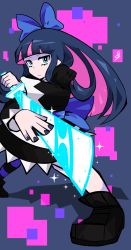 Rule 34 | 10s, 1girl, abstract background, absurdres, black dress, blue hair, colored inner hair, dress, female focus, frown, gothic lolita, green eyes, hair ribbon, highres, lolita fashion, makeup, md5 mismatch, multicolored hair, nail polish, panty &amp; stocking with garterbelt, perspective, resized, ribbon, shotahunter, shunter, solo, stocking (psg), striped clothes, striped thighhighs, sword, thighhighs, upscaled, weapon