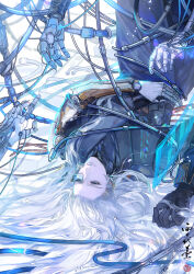 Rule 34 | 1boy, ash echoes, black gloves, black jacket, black pants, black shirt, blue eyes, cable, closed mouth, expressionless, feet out of frame, gloves, hair slicked back, hair spread out, hand on own stomach, highres, holding, holding own hair, holographic monitor, jacket, knee up, long hair, looking up, lying, male focus, mechanical arms, on back, out of frame, pants, scouter, shirt, single glove, single mechanical arm, single sleeve, sleeve cuffs, solo, upside-down, wavy hair, white background, white hair, xuedaixun