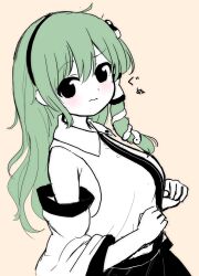 Rule 34 | 1girl, braid, chibi, clenched hand, collared shirt, detached sleeves, frog hair ornament, green hair, hair ornament, hair tubes, headgear, highres, kochiya sanae, looking at viewer, nontraditional miko, partially colored, rei (tonbo0430), ribbon-trimmed sleeves, ribbon trim, shirt, single braid, skirt, snake hair ornament, tagme, touhou, white shirt, yellow background