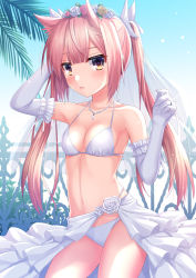 Rule 34 | 1girl, bikini, breasts, cleavage, commentary request, contrapposto, cowboy shot, elbow gloves, gloves, hair flaps, head wreath, kmcgold30, long hair, mashiko kaoru, medium breasts, pink hair, red eyes, sarong, solo, standing, swimsuit, toji no miko, twintails, white bikini, white gloves