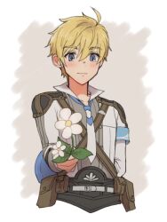 Rule 34 | 1boy, ahoge, apo 518, ares (rune factory), arm behind back, armband, blonde hair, blue armband, blue eyes, blush, closed mouth, flower, hair between eyes, holding, holding flower, leaf, male focus, necktie, pouch, rune factory, rune factory 5, shirt, short hair, smile, solo, white flower, white necktie, white shirt