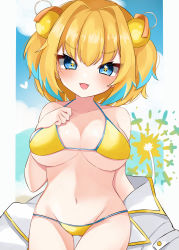 Rule 34 | + +, 1girl, absurdres, bikini, blonde hair, blue eyes, blue hair, blush, bombergirl, breasts, cleavage, collarbone, colored tips, explosive, fang, grenade, grenade hair ornament, hair intakes, hair ornament, hand on own chest, heart, highres, large breasts, looking at viewer, lowleg, lowleg bikini, multicolored hair, navel, open mouth, pine (bombergirl), rqxui, short hair, smile, solo, swimsuit, underboob, yellow bikini