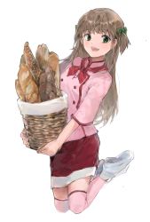 Rule 34 | 1girl, azusagawa tsukino, basket, bellacsy, bow, bread, brown hair, food, full body, green eyes, hair bow, highres, holding, holding basket, long hair, looking at viewer, miniskirt, open mouth, shoes, simple background, skirt, smile, solo, thighhighs, uniform, white background, yakitate!! japan, zettai ryouiki