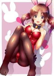 Rule 34 | 1girl, :d, animal ears, black bow, black pantyhose, blush, bow, bowtie, breasts, brown hair, choker, cleavage, covered erect nipples, fake animal ears, feet, floating hair, full body, highres, idolmaster, idolmaster cinderella girls, leotard, long hair, looking at viewer, lying, medium breasts, ment, no shoes, on back, open mouth, pantyhose, playboy bunny, rabbit ears, red leotard, smile, solo, strapless, strapless leotard, toes, totoki airi, twintails, yellow eyes