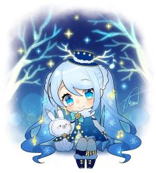 Rule 34 | 1girl, asagao minoru, bare tree, beamed eighth notes, blue dress, blue eyes, blue hair, chibi, commentary, dress, eighth note, fortissimo, fur-trimmed dress, fur-trimmed hood, fur trim, hair ornament, hatsune miku, hood, illumination, light blue hair, long hair, looking at viewer, musical note, musical note hair ornament, night, rabbit, sitting, smile, snowflake print, star (sky), star ornament, tree, twintails, very long hair, vocaloid, yuki miku, yuki miku (2021) (candidate no.4)