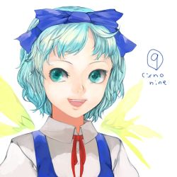 Rule 34 | 1girl, blouse, character name, circled 9, cirno, collared shirt, female focus, shirt, simple background, smile, solo, touhou, upper body, white background, white shirt, wings, xero