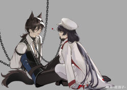 Rule 34 | 1boy, 1girl, ^ ^, absurdres, animal ears, arms behind back, ayn alwyn, belt, black collar, black footwear, black gloves, black hair, black pants, black vest, blue vest, blunt bangs, boots, bound, bound wrists, brown belt, chain, chain leash, chinese commentary, closed eyes, closed mouth, collar, collared shirt, colored shoe soles, cross-laced clothes, dress, extra ears, facing another, femdom, from side, gloves, grey background, hair between eyes, hat, head rest, heart, heroine (lovebrush chronicles), high heel boots, high heels, highres, holding, holding leash, indian style, jacket, jacket on shoulders, leash, long hair, long sleeves, looking at another, lovebrush chronicles, low ponytail, mask, mask on head, medium hair, pants, pantyhose, parted lips, partially unbuttoned, peaked cap, profile, qing jiuzi, red eyes, shirt, simple background, sitting, skull mask, sleeve garter, smile, squatting, sweatdrop, tail, two-tone vest, v-shaped eyebrows, vest, weibo logo, weibo watermark, white dress, white footwear, white hat, white jacket, white pantyhose, white shirt, wolf boy, wolf ears, wolf tail