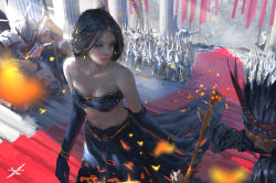 Rule 34 | 1girl, 6+boys, armor, bandeau, bare shoulders, black dress, black hair, bowing, bracelet, breasts, carpet, circlet, cleavage, collarbone, commentary, copyright name, coronation, dark skin, dress, earrings, closed eyes, faulds, feathers, flagpole, full armor, ghostblade, green eyes, helmet, highres, holding, holding staff, horns, jewelry, knight, lips, long sleeves, looking to the side, midriff, multiple boys, navel, original, outstretched hand, pillar, red carpet, shoulder pads, solo focus, staff, stairs, standing, stomach, strapless, tube top, wlop