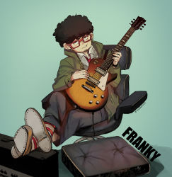 Rule 34 | 1boy, afro, artist name, black hair, blue background, chair, character name, cushion, electric guitar, facial hair, franky franklin, glasses, green jacket, guitar, highres, instrument, jacket, lhonert, long sleeves, male focus, music, necktie, pants, playing instrument, red-framed eyewear, red necktie, shoes, sitting, smirk, socks, solo, spy x family, striped clothes, striped socks, stubble