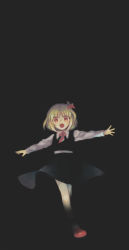 Rule 34 | 1girl, abe0 toki, black background, black skirt, black vest, blonde hair, commentary request, darkness, full body, hair ribbon, highres, long sleeves, looking at viewer, medium hair, open mouth, outstretched arms, red eyes, red footwear, red ribbon, ribbon, rumia, shirt, shoes, simple background, skirt, solo, spread arms, touhou, vest, white shirt