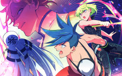 Rule 34 | 3boys, ascot, bae (baebae), blonde hair, blue hair, detached sleeves, fire, galo thymos, green hair, kray foresight, lio fotia, matoi, messy hair, multiple boys, pink fire, promare, purple eyes, single detached sleeve, sword, topless male, vest, weapon