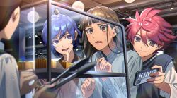 3boys bakery black_sweater_vest blue_eyes blue_hair blue_shirt brown_eyes brown_hair brown_shirt cake cellphone collared_shirt display_case dolustoy food grey_eyes hanging_light highres inazuma_eleven_(series) jewelry light_blush long_hair male_focus michinari_tatsumi mizukamiya_seiryuu multiple_boys necklace nosaka_yuuma open_mouth pearl_necklace phone purple_eyes red_hair shirt shirt_under_sweater shop smartphone smartphone_case sweatdrop sweater_vest two-tone_eyes white_shirt