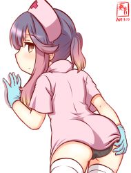 Rule 34 | 1girl, alternate costume, artist logo, black panties, blue gloves, commentary request, cowboy shot, dated, dress, from behind, gloves, gradient hair, hat, kanon (kurogane knights), kantai collection, looking at viewer, looking back, multicolored hair, nurse, nurse cap, one-hour drawing challenge, orange hair, panties, pink dress, pink hat, purple eyes, purple hair, short hair, short hair with long locks, sidelocks, simple background, smile, solo, thighhighs, tsushima (kancolle), underwear, white background, white thighhighs