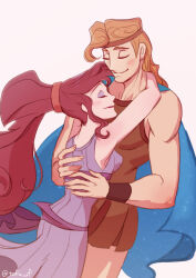 1boy 1girl black_hair blue_eyes breasts brown_hair disney dress hercules_(1997_film) hercules_(disney) highres hug jewelry long_hair makeup mameda_toofu megara_(disney) muscular muscular_male ponytail purple_dress purple_eyes simple_background sleeveless smile