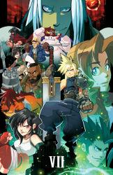 Rule 34 | 2others, 3girls, 6+boys, aerith gainsborough, arm cannon, baggy pants, barret wallace, beard, black hair, blonde hair, blue eyes, brown gloves, brown hair, buster sword, cait sith (ff7), cat, cid highwind, clenched hand, clenched hands, cloud strife, commentary, dark skin, english commentary, facial hair, fighting stance, final fantasy, final fantasy vii, gatling gun, gloves, goggles, goggles on head, highres, mascot costume, matt herms, mohawk, multiple boys, multiple girls, multiple others, ninja, pants, pauldrons, planted, planted sword, planted weapon, polearm, red eyes, red xiii, revision, sephiroth, silver hair, single pauldron, spear, spiked hair, sword, tifa lockhart, very dark skin, vincent valentine, weapon, yuffie kisaragi, zack fair