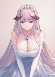 Rule 34 | 1girl, absurdres, bare shoulders, blunt bangs, blurry, breasts, brown background, brown horns, cleavage, collarbone, dress, elbow gloves, gloves, gradient background, highres, horns, jewelry, large breasts, leria v, long hair, looking at viewer, necklace, original, pink eyes, pink hair, red eyes, wedding dress, white dress, white gloves