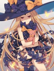 Rule 34 | 1girl, abigail williams (fate), abigail williams (second ascension) (fate), black panties, blonde hair, blue bow, bow, bug, butterfly, cowboy shot, da yoha, fate/grand order, fate (series), gradient background, grey background, hat, insect, keyhole, long hair, looking at viewer, lowleg, lowleg panties, hugging object, panties, parted bangs, polka dot, polka dot bow, red eyes, revealing clothes, smile, solo, stuffed animal, stuffed toy, teddy bear, underwear, very long hair, witch hat, yellow bow