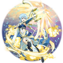 Rule 34 | 1girl, armor, armpits, arrow (projectile), black footwear, blue armor, blue eyes, blue hair, blue sleeves, boots, bow (weapon), breastplate, detached sleeves, dress, faulds, firing, full body, glowing armor, hair between eyes, highres, holding, holding arrow, holding bow (weapon), holding weapon, long dress, official art, open mouth, short hair, side slit, sinon, solo, sword art online, sword art online: memory defrag, thigh boots, thighhighs, thighs, transparent background, v-shaped eyebrows, weapon