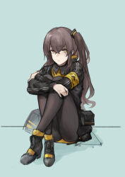 Rule 34 | 1girl, absurdres, armband, black jacket, black pantyhose, boots, coteri, expressionless, full body, girls&#039; frontline, grey background, grey hair, highres, hugging own legs, jacket, long hair, one side up, pantyhose, scar, scar across eye, scar on face, simple background, sitting, ump45 (girls&#039; frontline), yellow armband