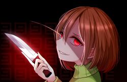 Rule 34 | 1other, androgynous, black background, bob cut, brown hair, chara (undertale), close-up, commentary, constricted pupils, english commentary, evil smile, eyelashes, from side, glowing, glowing eyes, gradient background, green sweater, hair between eyes, holding, holding knife, holding weapon, knife, long sleeves, looking at viewer, looking to the side, loose hair strand, motion lines, number background, parted lips, red background, red eyes, shaded face, shadow, short hair, smile, solo, spoilers, sweater, turtleneck, turtleneck sweater, undertale, weapon, yuupontan.