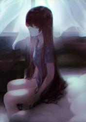 Rule 34 | 1girl, amo (silent bomb19), bad id, bad twitter id, bed, bed sheet, blurry, brown hair, clock, closed mouth, commentary request, curtains, feet out of frame, from side, grey eyes, grey shirt, hair between eyes, highres, indoors, long hair, looking at viewer, looking to the side, on bed, original, radio, shirt, sitting, solo, very long hair, window