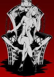 Rule 34 | 1girl, arm rest, blood, blood drip, blood on breasts, blood on leg, river of blood, blood stain, bloody stream, breasts, breasts apart, carmilla (fate), chain, commentary, crossed legs, disembodied hand, fate/grand order, fate (series), fingernails, full body, greyscale, hairband, half-closed eyes, highres, large breasts, long hair, looking at viewer, monochrome, nakamura regura, nude, parted lips, red background, ripples, sharp fingernails, sharp toenails, simple background, sitting, soaking feet, solo, spot color, statue, throne, toenails