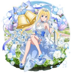 Rule 34 | 1girl, alice zuberg, bell, blonde hair, blue bow, blue dress, blue eyes, blue footwear, blush, bouquet, bow, breasts, closed mouth, collarbone, diadem, dress, faux figurine, field, floating hair, flower, flower field, full body, gradient dress, gradient footwear, highres, long hair, looking at viewer, medium breasts, official art, rose, short dress, sideboob, sidelocks, sleeveless, sleeveless dress, smile, solo, strapless, strapless dress, sword art online, transparent background, veil, very long hair, wedding dress, white bow, white dress, white flower, white footwear, white rose, wrist cuffs
