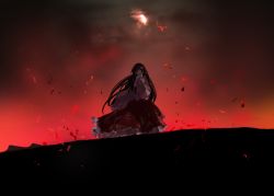 Rule 34 | 1girl, absurdres, black hair, covering own mouth, highres, houraisan kaguya, long hair, looking at viewer, red background, red skirt, skirt, solo, standing, touhou, ushitsuchi