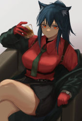 Rule 34 | 1girl, absurdres, animal ear fluff, animal ears, arknights, bare legs, black hair, black jacket, black necktie, black shorts, breasts, closed mouth, collared shirt, commentary, couch, crossed legs, cup, english commentary, gloves, high ponytail, highres, holding, holding cup, jacket, long sleeves, looking at viewer, medium breasts, necktie, official alternate costume, open clothes, open jacket, orange eyes, red gloves, red shirt, shirt, shorts, sidelocks, sitting, solo, striped clothes, striped shorts, suzutaro, texas (arknights), texas (willpower) (arknights), thighs, vertical-striped clothes, vertical-striped shorts, watch, wolf ears