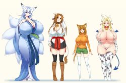 Rule 34 | 4girls, animal ears, animal print, bare shoulders, bell, bikini, black skirt, blonde hair, boots, breasts, brown eyes, brown hair, bursting breasts, byakusen (amabiko kote), cat ears, cat girl, cat tail, character request, cleavage, collar, collarbone, colored eyelashes, cow ears, cow girl, cow horns, cow print, cow tail, cowbell, curvy, demon girl, demon tail, demon wings, dot nose, facing viewer, fox ears, fox girl, fox tail, full body, futon7979, gigantic breasts, green shorts, hair between eyes, hand on head, hand on own hip, hand on own chest, haruka (muneneko), highres, horns, huge breasts, japanese clothes, kimono, long sleeves, looking at viewer, mattie (ego trigger), micro bikini, miniskirt, monster girl, multiple girls, multiple tails, pointy ears, purple eyes, red eyes, shadow, shirt, short shorts, shorts, silver hair, size difference, skirt, slingshot swimsuit, smile, standing, swimsuit, tail, taut clothes, taut shirt, taut sweater, thick thighs, thighs, white background, white legwear, white shirt, wide hips, wide sleeves, wings
