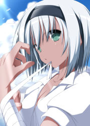 Rule 34 | 1girl, bandages, bird, blue sky, breasts, cleavage, cloud, day, green eyes, hair ribbon, konpaku youmu, mouth hold, nori tamago, puffy short sleeves, puffy sleeves, ribbon, ribbon in mouth, short sleeves, silver hair, sky, small breasts, solo, tan, touhou, upper body