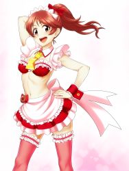 Rule 34 | 10s, 1girl, apron, arm behind head, arm up, bare shoulders, bikini, bikini top only, blush, brown eyes, brown hair, commentary request, detached collar, doughnut, food, frilled bikini, frilled skirt, frilled thighhighs, frills, hair ribbon, hand on own hip, highres, idolmaster, idolmaster cinderella girls, long hair, looking at viewer, maid headdress, navel, necktie, oku (okumen), open mouth, ponytail, red bikini, red skirt, red thighhighs, ribbon, shiina noriko, skirt, smile, solo, swimsuit, thighhighs, waist apron, wrist cuffs