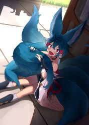 Rule 34 | 1girl, :d, absurdres, animal ear fluff, animal ears, backless outfit, blue hair, crossed bangs, erune, fangs, fingernails, fox ears, fox girl, fox tail, granblue fantasy, hair between eyes, highres, huge filesize, hugging own tail, hugging tail, kkkaaa4444, kneehighs, large tail, long hair, multiple tails, nail polish, open mouth, red eyes, sharp fingernails, short shorts, shorts, side-tie legwear, sideless outfit, sitting, smile, socks, solo, tail, you (granblue fantasy)